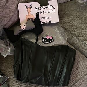 Forever 21 Black Faux Leather Hello Kitty Bustier with Charm & Headband